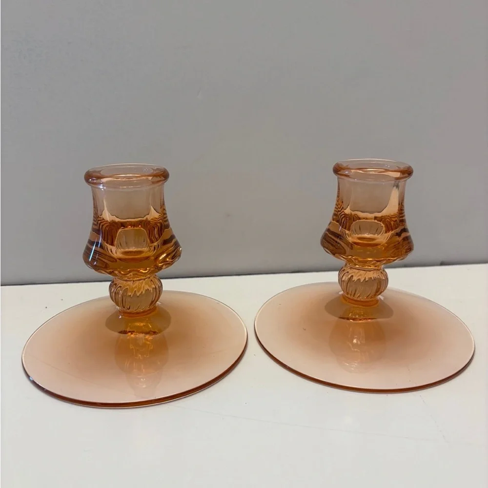 Vintage Heisey Glass Co Flamingo Pink Candle Holders